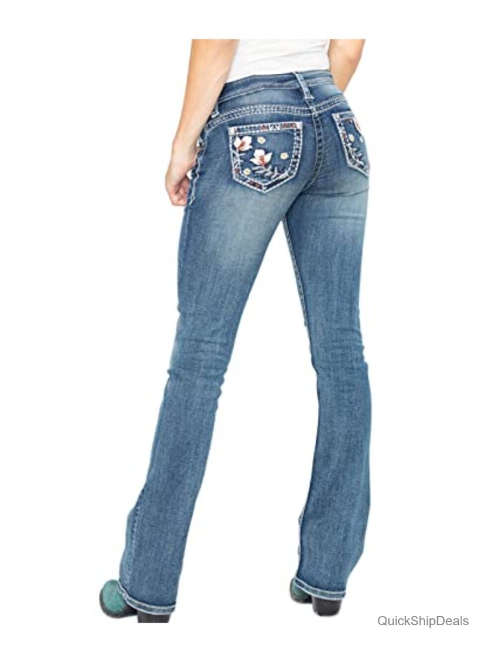 Women's Floral Embroidered Bootcut Jeans with Cotton Spandex Stretch